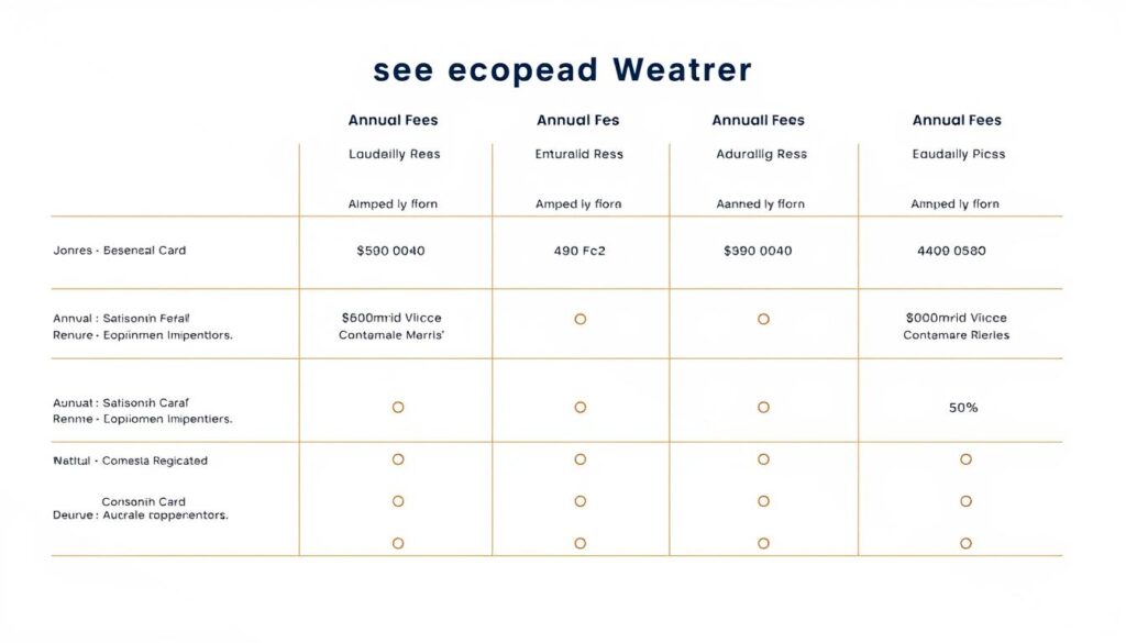 A detailed comparison of annual fees for leading travel credit cards, captured in a clean, minimalistic illustration. Crisp white background with a dynamic grid layout showcasing key card details - annual fee, fee waiver conditions, and potential rebates. Sleek icons and typography highlight the essential information. Warm, muted color palette with accents of vibrant hues to draw the eye. Precise, technical lighting creates depth and dimension, while a subtle use of shadows adds visual interest. The overall composition is polished and professional, designed to effectively communicate the "Annual Fees and Waivers" section of the article.