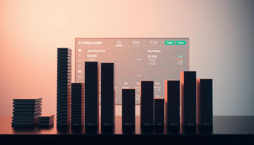 A detailed comparison of hidden trading fees across various financial platforms, presented in a clear and visually striking manner. The foreground showcases a series of stacked bar graphs, each representing the different trading fees and commissions charged by leading brokerage firms. The middle ground features a sleek, minimalist dashboard-like interface, displaying key metrics and insights. The background blends a soft, gradient-based color scheme, creating a sense of depth and sophistication. Crisp, high-resolution rendering with a cinematic lighting setup, capturing the importance and nuance of understanding the true cost of trading in the modern financial landscape.