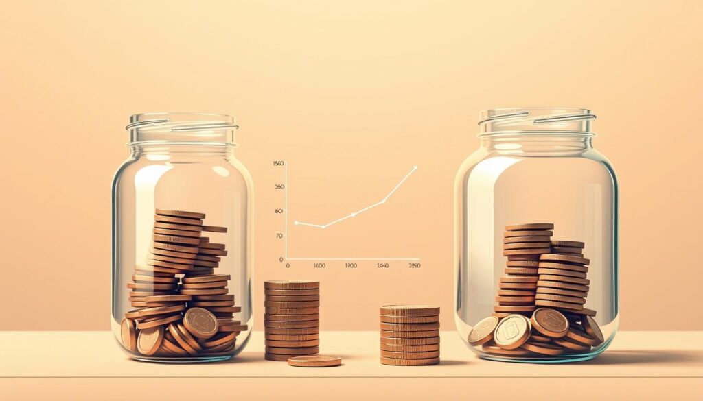 A detailed, contrasting illustration of fixed deposits and savings accounts, set against a minimalist, high-contrast background. In the foreground, two clear glass jars filled with stacks of coins, representing the respective account types. The fixed deposits jar is slightly taller, with a formal, classical aesthetic, while the savings account jar has a more streamlined, modern design. Warm, directional lighting casts soft shadows, emphasizing the textural differences between the jars and coins. In the middle ground, a simple line graph compares the typical interest rates for each account type. The background is a clean, neutral gradient, allowing the key visual elements to take center stage and communicate the core concepts effectively.