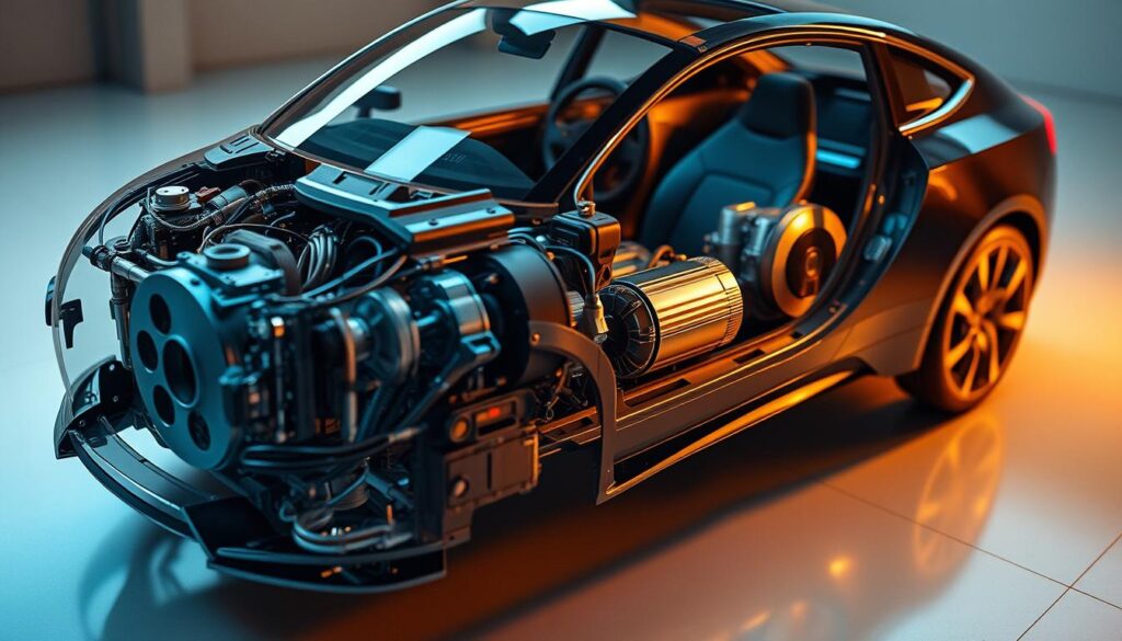 A detailed cross-section of a hybrid car's powertrain, showcasing the seamless integration of an electric motor and a combustion engine. The scene is bathed in a warm, technical glow, with subtle shadows and highlights emphasizing the intricate components. The perspective is slightly elevated, allowing the viewer to appreciate the innovative design and the complex interplay of systems. The overall mood is one of mechanical elegance and the promise of advanced, eco-friendly mobility.