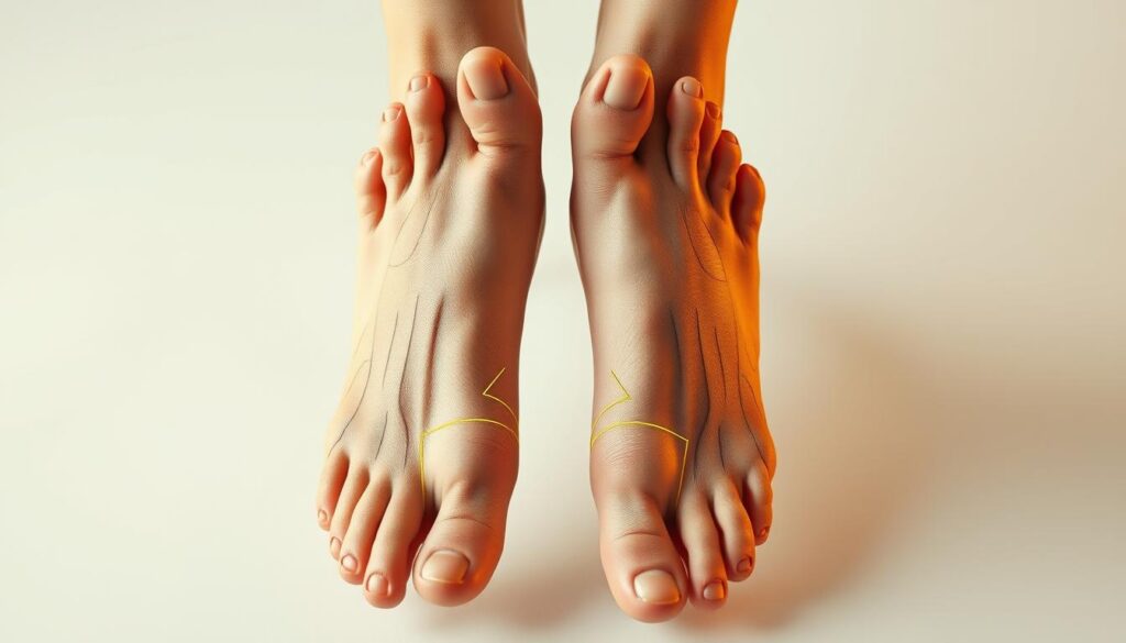A detailed foot reflexology diagram, showcasing the intricate pressure points and corresponding body zones on the soles of the feet. The image is rendered in a clean, scientific style, using warm, natural lighting to highlight the textured skin and contours of the feet. The background is a neutral, minimalist setting, allowing the foot anatomy to be the focal point. The overall mood is informative and educational, conveying the therapeutic benefits of reflexology through a visually appealing and anatomically accurate representation.