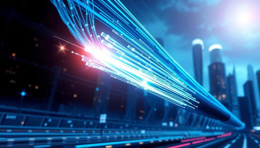 A detailed, high-resolution illustration of a fiber optic cable transmitting data at lightning-fast speeds. The scene depicts the cable glowing with an iridescent, ethereal blue light, surrounded by a sleek, futuristic cityscape in the background. The composition is shot from a low angle, highlighting the power and scale of the fiber optic infrastructure. The lighting is dramatic, with sharp contrasts and deep shadows, creating a sense of technological might and progress. The overall mood is one of innovation, connectivity, and the unstoppable march of digital transformation.