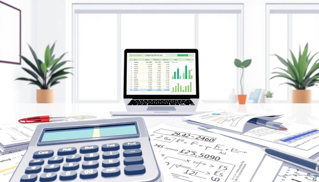 A detailed illustration of a financial calculation showing the step-by-step process of computing interest rates. The foreground depicts a calculator with a digital display, surrounded by neatly arranged financial documents and graphs. The middle ground features a laptop open to a spreadsheet program, with charts and formulas visible. The background is a clean, modern office setting with minimalist decor, evoking a professional, analytical atmosphere. Bright, natural lighting from a large window illuminates the scene, creating a sense of clarity and precision. The overall composition emphasizes the methodical, data-driven nature of interest rate calculations.