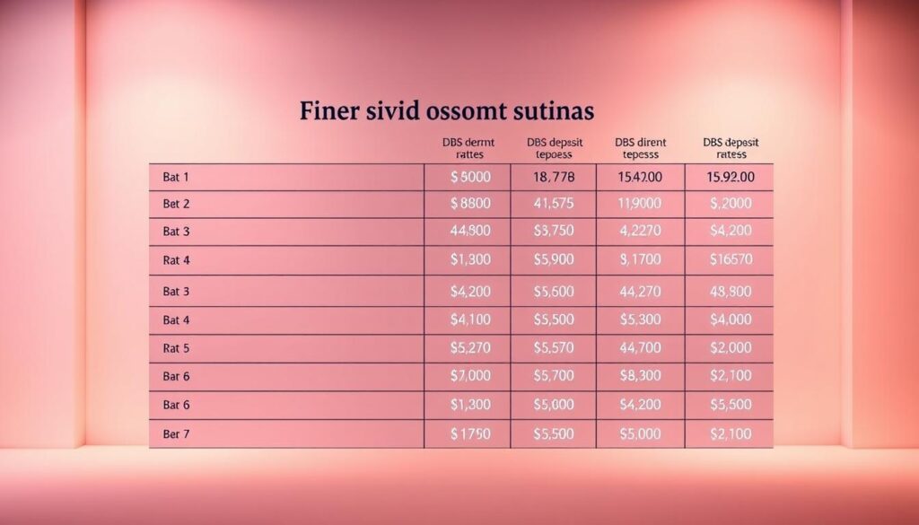 A detailed, minimalist table showcasing the current DBS fixed deposit rates in Singapore, set against a clean, professional backdrop. The table is rendered in a warm, elegant color palette, with precise typography and crisp, well-defined cell borders. The overall composition has a refined, financial sensibility, inviting the viewer to closely examine the deposit term lengths and corresponding interest rates. Soft, directional lighting highlights the tabular information, while a subtle gradient or blurred background subtly frames the focal point. The image should convey a sense of clarity, trustworthiness and attention to detail befitting the DBS brand and the informational needs of the article's audience.