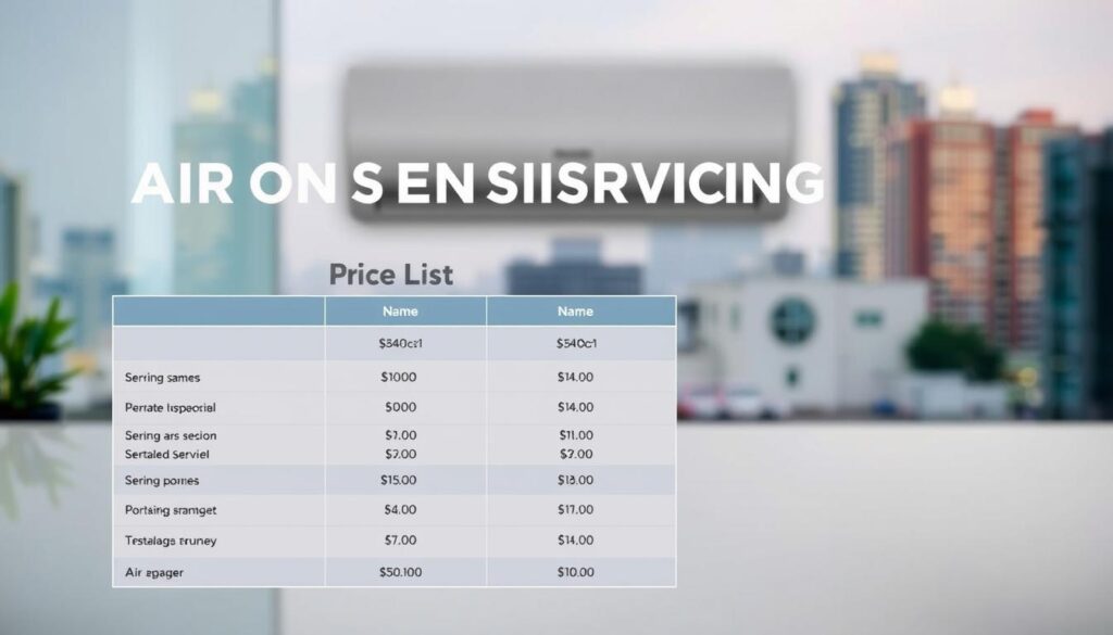 A detailed price list comparison showcasing the affordable aircon servicing options in Singapore. The foreground features a clean, modern table layout displaying the service names, costs, and package details in a clear, organized manner. The middle ground includes a well-lit, high-resolution image of an aircon unit, emphasizing the professional servicing. The background is a soft, blurred cityscape, conveying the urban setting. The overall composition and lighting create a polished, trustworthy atmosphere, reflecting the reliable and affordable nature of the services.