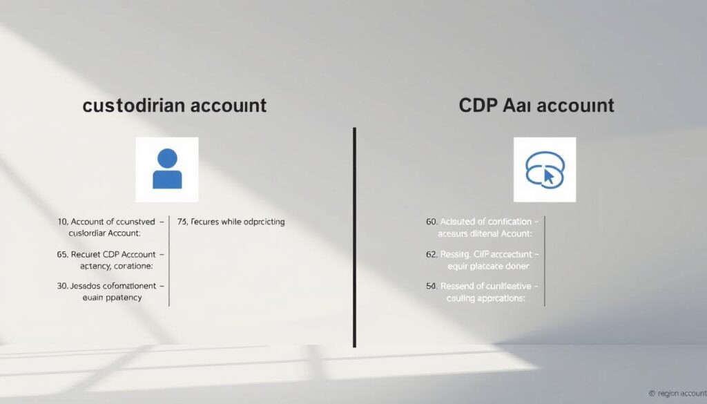A detailed side-by-side comparison of a custodian account and a Central Depository (CDP) account, set against a clean, professional backdrop. The custodian account and CDP account icons are prominently displayed, with key features and differences highlighted in a clear, organized manner using simple icons and minimal text. The scene is illuminated by soft, directional lighting, creating depth and emphasizing the contrast between the two account types. The overall tone is informative and visually engaging, designed to clearly illustrate the core concepts for the article's target audience.