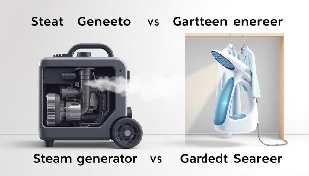 A detailed technical illustration showcasing a side-by-side comparison of a steam generator and a garment steamer. The steam generator is prominently featured in the foreground, with its internal components and steam production mechanism clearly visible. The garment steamer is positioned next to it, highlighted by soft directional lighting to emphasize its key features. The background is a clean, minimalist studio setting with a subtle gradient for depth and focus. The overall mood is informative and educational, conveying the technical differences between these two types of household steam appliances in a visually engaging manner.
