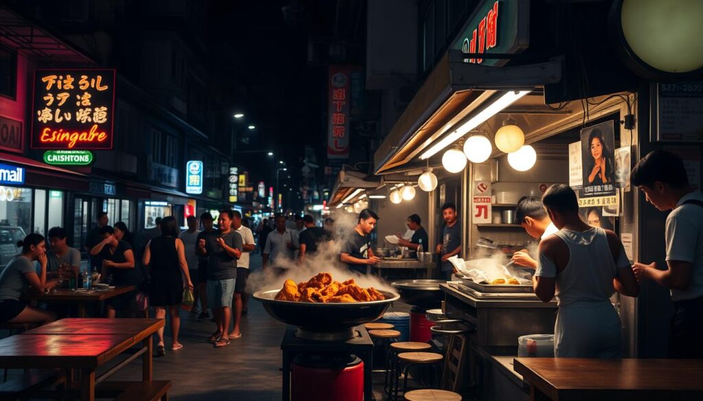 A dimly lit Singapore street, neon signs casting a warm glow over a bustling late-night fried chicken stall. Crispy golden-brown pieces sizzle in the wok, steam rising as the chef skillfully flips them. Wooden tables and stools are scattered around, occupied by groups of friends and night owls enjoying the savory, juicy morsels. The air is rich with the scent of fried seasoned batter, complemented by the aroma of fragrant spices. A sense of casual indulgence pervades the scene, as weary city-dwellers seek out this beloved late-night snack to satisfy their cravings.