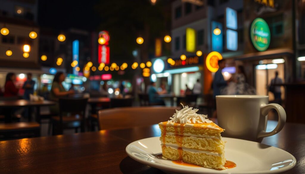 A dimly lit cafe in Singapore's vibrant Chinatown, late at night. On the table, a delicate slice of pandan chiffon cake, garnished with fresh coconut shavings and a drizzle of gula melaka syrup. The warm glow of string lights casts a cozy ambiance, while the bustling sounds of the city streets outside create a soothing hum. A steaming cup of local kopi, its rich aroma mingling with the sweetness of the dessert. The scene captures the perfect balance of indulgence and tranquility, a hidden gem for those seeking a late-night treat in the heart of Singapore.