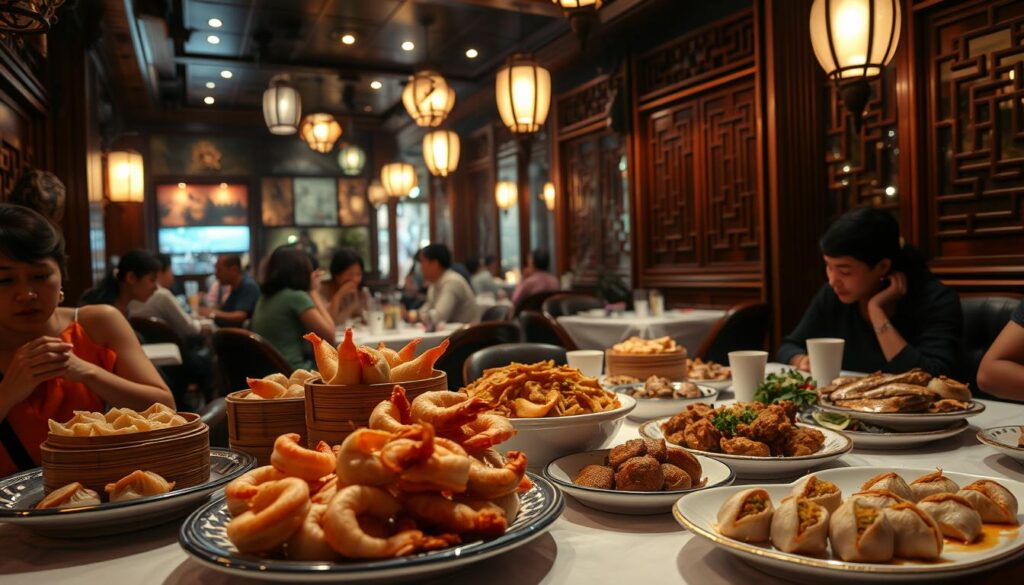 A dimly lit, cozy Singaporean dim sum restaurant, with a warm, inviting atmosphere. The scene depicts a bustling interior, with intricate decorations and traditional Chinese elements, such as ornate lanterns and carved wooden screens. The focus is on the elegant presentation of an array of delectable seafood-based dim sum dishes, including steamed shrimp dumplings, crispy fried squid, and savory fish cakes, all arranged on a table with gleaming white tablecloths. Customers can be seen enjoying their meal in a relaxed and convivial setting, with soft lighting casting a mellow glow over the scene. The overall impression is one of a harmonious blend of Singaporean and Chinese culinary traditions.