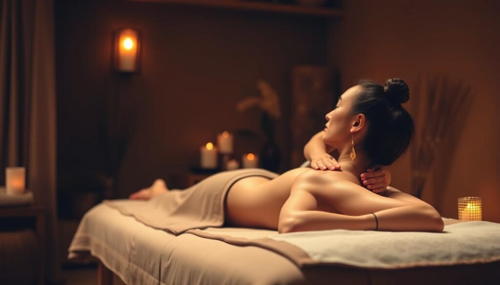 A dimly lit, cozy Thai massage studio with warm, earthy tones. In the foreground, a woman lies on a massage table, her eyes closed, as a skilled Thai massage therapist kneads her back with strong, yet gentle hands. Soft ambient lighting casts a soothing glow, and the sound of gentle music plays in the background, creating a tranquil, restorative atmosphere. The scene conveys a sense of relaxation, wellness, and the holistic nature of traditional Thai massage.