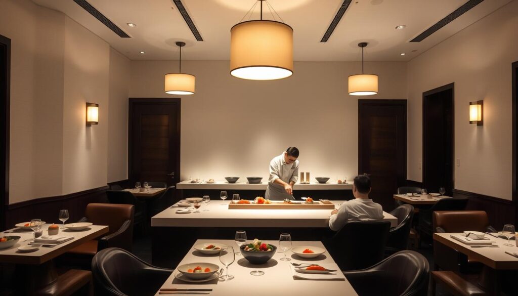 A dimly lit, elegant dining room with pristine white walls and dark wooden accents. The center stage is a sleek, minimalist sushi counter, where a skilled chef dressed in a crisp white uniform meticulously prepares a multi-course omakase feast. Diners sit in plush leather chairs, captivated by the chef's precise knife work and the graceful presentation of each dish. Soft lighting from overhead pendant lamps casts a warm, inviting glow, creating an atmosphere of refined sophistication. The table is adorned with delicate ceramic plates and bowls, each containing a visually stunning, flavor-packed morsel. An air of anticipation and quiet reverence permeates the space, as guests embark on a gastronomic journey of the senses.