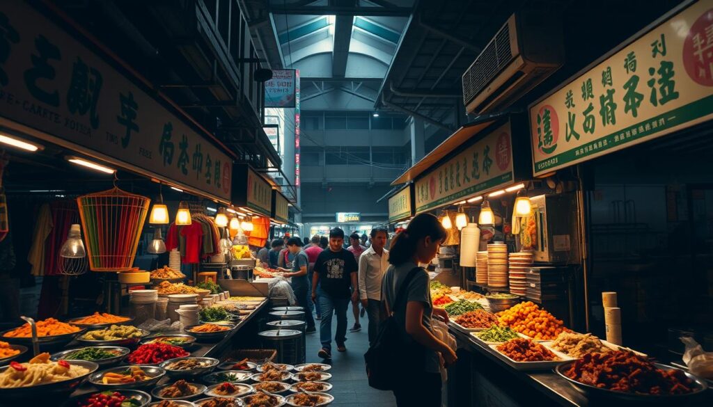 A dimly lit hawker centre in Singapore's Fortune Centre, showcasing an array of vibrant vegetarian dishes. In the foreground, an assortment of local delicacies like noodle bowls, curries, and fried snacks fill the stalls, each plate a masterpiece of color and texture. Mid-ground, customers peruse the offerings, immersed in the bustling atmosphere of this hidden culinary gem. The background reveals the iconic architecture of the centre, its brutalist design casting dramatic shadows that create a moody, atmospheric setting. Warm, diffused lighting illuminates the scene, casting a golden glow that heightens the sensory experience. The overall impression is one of discovery, where the unexpected and delicious await those who venture into this vegetarian food paradise.
