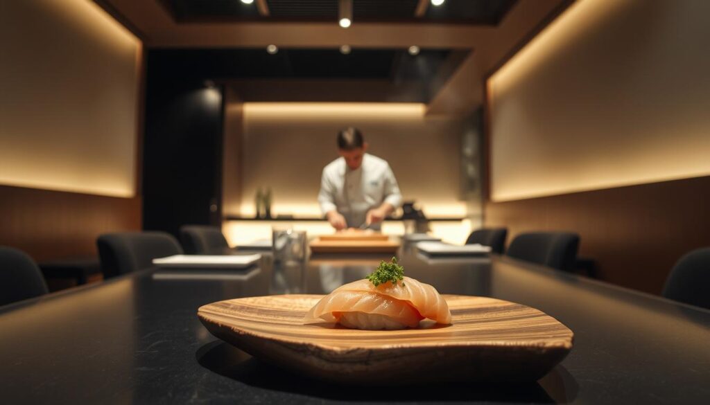 A dimly lit, intimate dining room with a sleek, minimalist Japanese aesthetic. In the foreground, a meticulously prepared omakase course is presented on a beautifully crafted wooden plate, its delicate flavors and textures beckoning the senses. The middle ground features the skilled sushi chef, his movements precise and graceful as he crafts each dish with the utmost care and attention to detail. The background is softly illuminated, creating a warm, inviting ambiance that evokes the essence of a Michelin-starred dining experience. The scene is captured through a wide-angle lens, emphasizing the overall atmosphere and attention to culinary excellence.