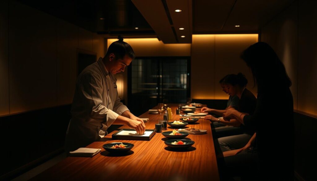 A dimly lit, intimate dining room with a sleek wooden counter, where a skilled chef meticulously prepares an exquisite omakase experience. The warm glow of task lighting illuminates the chef's hands as they delicately assemble each course, creating a sensory journey for the discerning diners. The atmosphere is hushed and reverent, allowing the flavors and artistry to take center stage. In the background, a subtle Japanese aesthetic pervades, with minimalist decor and a serene ambiance that transports the viewer to a realm of refined culinary mastery.