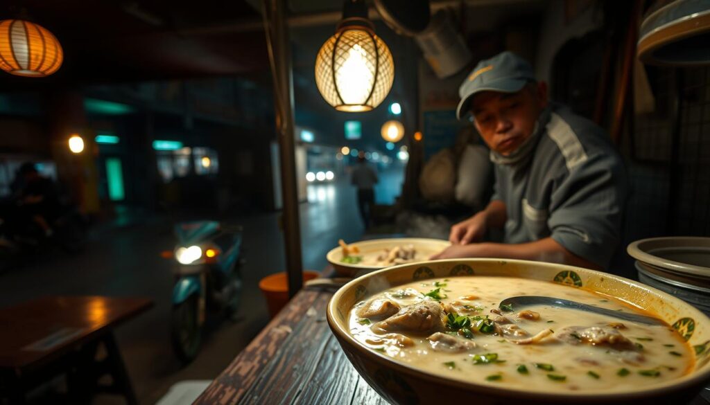 A dimly lit late-night hawker stall, the air thick with the fragrant aroma of simmering frog porridge. In the foreground, a steaming bowl of the savory dish, flecks of green herbs and tender frog meat nestled in a creamy broth. Flickering lanterns cast a warm glow, illuminating the weathered wooden countertop and the watchful gaze of the seasoned porridge cook. In the background, a hazy view of the bustling street outside, the occasional passing motorbike casting long shadows. The mood is cozy, intimate, a haven for those seeking a comforting, satisfying late-night meal.