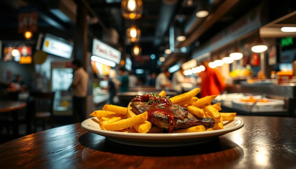 A dimly lit market bistro, with a cozy and intimate atmosphere. On the table, a plate of mouthwatering steak frites - tender, juicy steak paired with crisp, golden fries, drizzled with a rich, savory sauce. Warm lighting casts a soft glow, highlighting the textures and colors of the dish. In the background, the bustling energy of a Singaporean street market, with vendors selling fresh produce and sizzling street food. The scene captures the essence of affordable, high-quality Western cuisine in the heart of Singapore's vibrant culinary landscape.