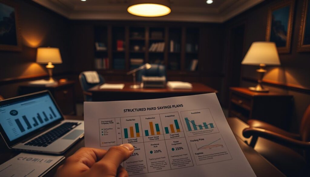 A dimly lit office space, with a wooden desk and leather chairs. On the desk, financial documents and a laptop display various investment options. In the foreground, a hand points to a diagram detailing different structured savings plans, with charts and graphs illustrating their key features. The lighting is warm and inviting, creating a sense of thoughtful consideration. The scene conveys the process of carefully evaluating and choosing the most suitable endowment plan, reflecting the article's focus on guiding readers through this important financial decision.