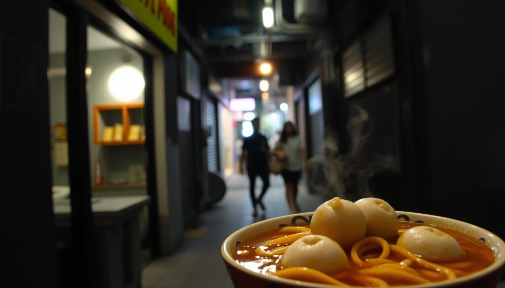 A dimly lit, unassuming alleyway in a bustling Singaporean neighborhood. In the foreground, a modest stall serves up steaming bowls of fish ball noodles, its facade almost hidden from view. The middle ground reveals the vibrant colors and textures of the noodles, swimming in a savory broth, topped with perfectly formed fish balls. In the background, the hazy silhouettes of passersby add to the sense of a well-kept secret. Soft, natural lighting filters through the narrow alley, casting a warm, inviting glow over the scene. The overall atmosphere is one of discovery, where the true treasures of Singaporean cuisine lie in the most unexpected places.