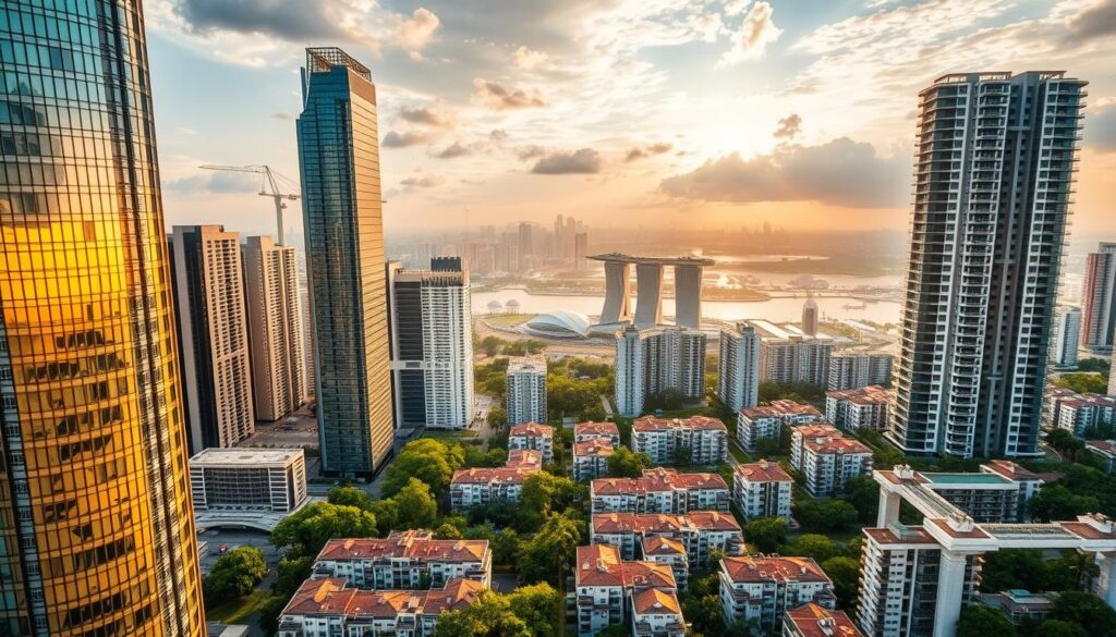 A dramatic aerial cityscape showcasing the contrast between high-rise and low-rise condominium buildings in Singapore. In the foreground, sleek glass and steel high-rise towers soar upwards, their geometric forms casting long shadows across the urban landscape. In the middle ground, clusters of more modest low-rise condo complexes, their tiled roofs and lush greenery providing a softer, more intimate feel. The background features the iconic Singapore skyline, with the Marina Bay Sands hotel and other landmarks visible in the distance. Warm golden hour lighting bathes the scene, creating a sense of tranquility and elegance. The image is captured through a wide-angle lens, emphasizing the scale and dynamism of the urban environment.