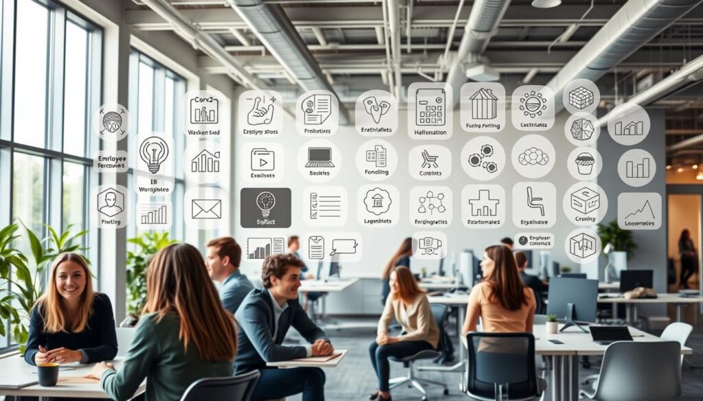 A dynamic, modern office setting with an array of innovative workplace initiatives on display. In the foreground, employees engage in collaborative activities like brainstorming sessions and group discussions, their faces expressing enthusiasm and productivity. The middle ground showcases various employee wellbeing features such as a well-equipped recreational area, healthy snack stations, and ergonomic workstations. In the background, floor-to-ceiling windows provide abundant natural light, creating an open, airy atmosphere. The overall scene conveys a sense of a progressive, employee-centric corporate culture that prioritizes work-life balance and staff development.