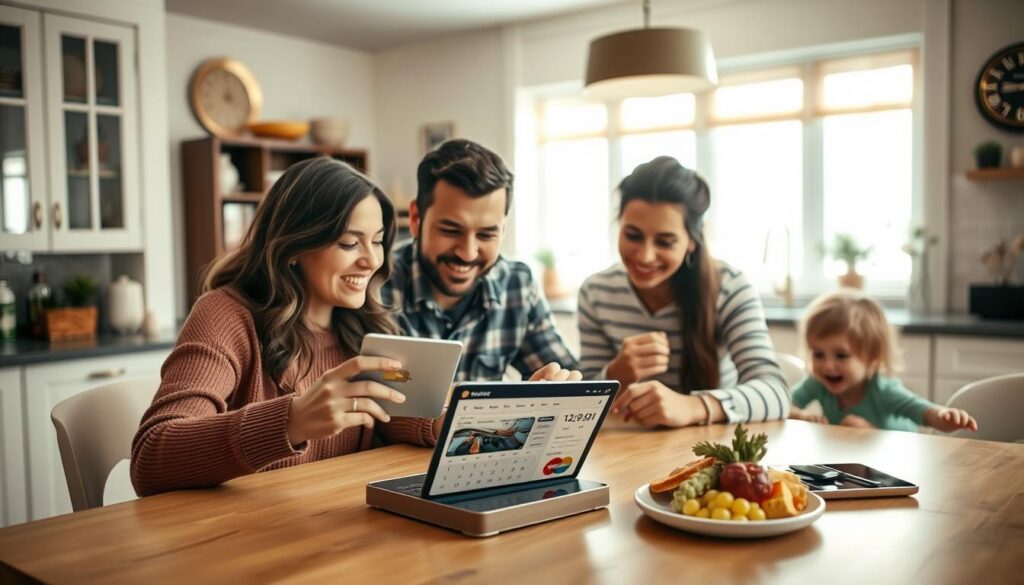 A family enjoying the benefits of their cash back credit card in a warm, cozy atmosphere. In the foreground, a mother and father sit at a kitchen table, smiling as they review their monthly statement and digital banking app on a tablet. In the middle ground, their two children play nearby, excited about the rewards they can redeem. The background features a well-lit, modern home interior with tasteful decor, evoking a sense of domestic comfort and financial security. The lighting is soft and natural, creating a inviting, family-friendly ambiance. Captured with a wide-angle lens to showcase the harmonious scene.