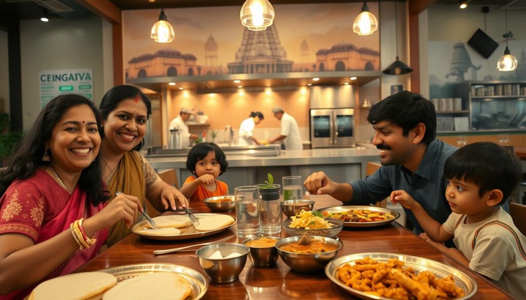 A family of four enjoying a lively dinner at a bustling South Indian restaurant. In the foreground, a smiling mother and father share a hearty meal of idli, sambar, and coconut chutney, while their two children eagerly dig into plates of masala dosa and gobi manchurian. Soft, warm lighting illuminates the scene, casting a cozy glow over the wooden tables and vibrant textiles. The middle ground features the bustling open kitchen, where chefs skillfully prepare dishes, their movements a mesmerizing dance. In the background, a vibrant mural depicting South Indian temple architecture adds a touch of cultural authenticity to the space. An atmosphere of familial joy and the enticing aromas of spices fill the air, creating an inviting, family-friendly ambiance.