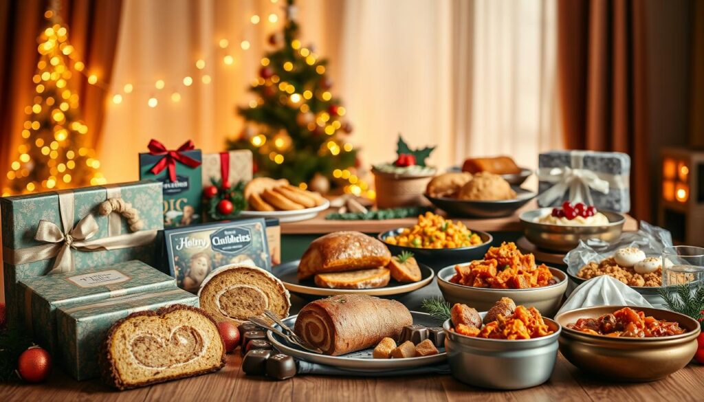A festive array of gourmet takeaway meals set against a warm, cozy background. In the foreground, a variety of beautifully packaged Christmas treats and delicacies - artisanal panettone, decadent yule log cakes, and a selection of handcrafted chocolates. In the middle ground, a spread of holiday-themed takeaway dishes - roasted turkey with all the trimmings, fragrant curries, and rich, hearty stews. The background evokes a sense of holiday cheer, with twinkling fairy lights, a stylized Christmas tree, and a soft, golden glow illuminating the scene. The lighting is soft and inviting, captured with a medium-wide angle lens to showcase the full spread of festive fare. The overall mood is one of cozy celebration, perfect for a gourmet Christmas feast.