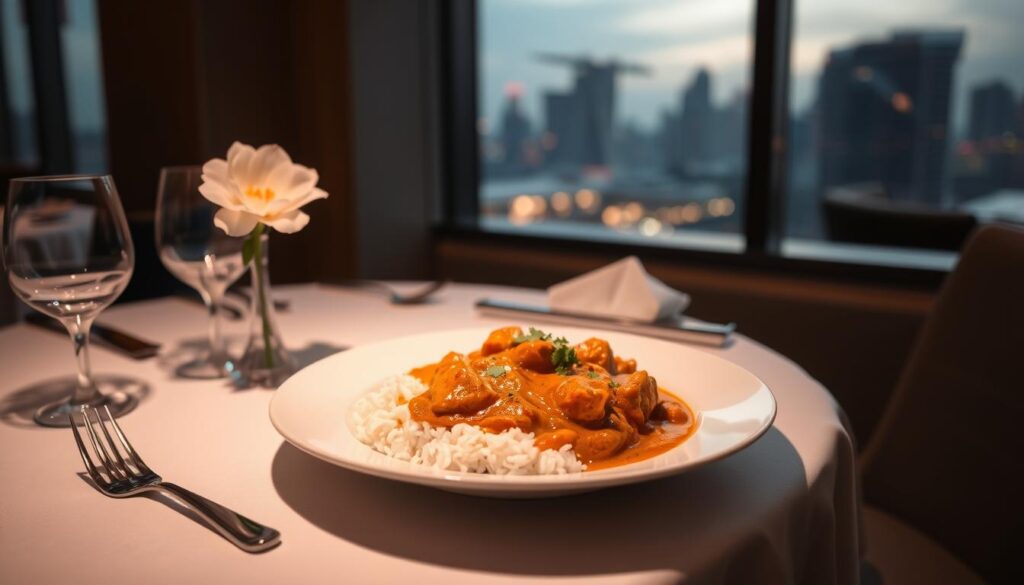 A fine dining setting with a beautifully plated butter chicken dish takes center stage. The table is set with elegant dinnerware, a crisp white tablecloth, and a single stem flower in a slim vase. Soft, diffused lighting casts a warm glow, while a large window in the background offers a glimpse of the vibrant cityscape of Singapore. The butter chicken is prepared with precision, its rich, creamy sauce glistening, accompanied by fragrant basmati rice and a sprinkle of fresh cilantro. The overall atmosphere is one of sophistication, attention to detail, and a celebration of the finest flavors of Indian cuisine.
