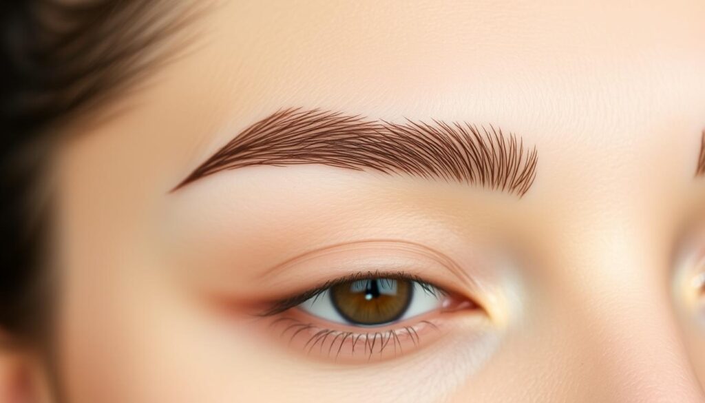 A finely arched, elegantly sculpted eyebrow design in the Feng Shui style. The brows are perfectly symmetrical, with a subtle upward tilt that conveys an air of mystique and refinement. The hairs are neatly groomed, each one carefully placed to create a harmonious, balanced look. The color is a warm, natural brown that complements the subject's complexion. Soft, diffused lighting casts gentle shadows, accentuating the contours and adding depth to the design. The overall impression is one of balance, harmony, and a touch of the exotic, perfectly suited for a high-end eyebrow specialist.