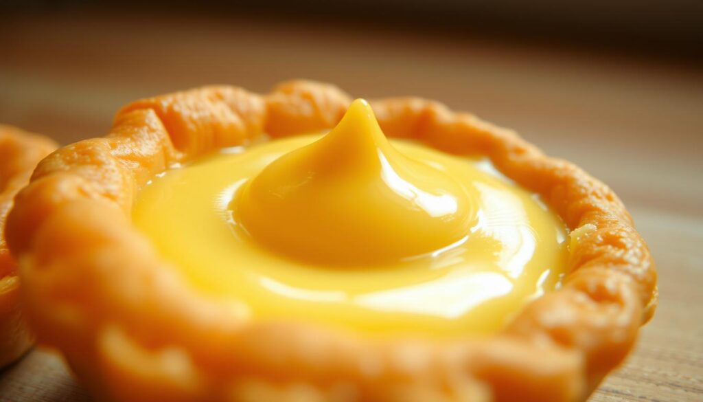 A fresh and flaky egg tart crust, golden-brown and gleaming under a soft, warm light. The smooth, silky custard filling within, crowned with a delicate sheen and a slight wobble, inviting a satisfying first bite. Captured from a low angle, highlighting the intricate details and textures that make this pastry a true delight. The scene exudes a comforting, homemade atmosphere, enticing the viewer to experience the perfect balance of buttery crust and creamy custard.
