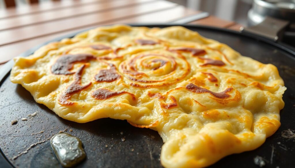A fresh, golden-brown cheese prata sizzling on a griddle, its flaky layers glistening with ghee. In the foreground, the prata's inviting aroma wafts upward, enticing the viewer. The middle ground features the prata's unique swirled pattern, each fold and crevice capturing the light. In the background, a simple setting of a wooden table, hinting at a casual, authentic Singaporean hawker stall experience. Soft, natural lighting casts a warm glow, highlighting the prata's textures and the overall sense of comfort and deliciousness.