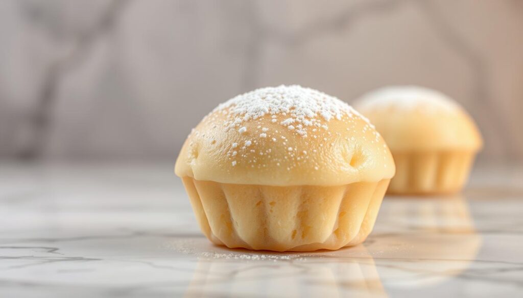 A freshly baked mochi muffin sits on a marble countertop, its soft, pillowy exterior glistening under the warm, diffused lighting. The muffin's surface is adorned with a delicate dusting of powdered sugar, creating a visually appealing contrast against the muted grey backdrop. The composition is framed by a shallow depth of field, gently blurring the background and drawing the viewer's attention to the enticing textures and subtle sweetness of the mochi muffin. The image evokes a sense of indulgence and artisanal craftsmanship, perfectly capturing the essence of this beloved Singaporean delicacy.