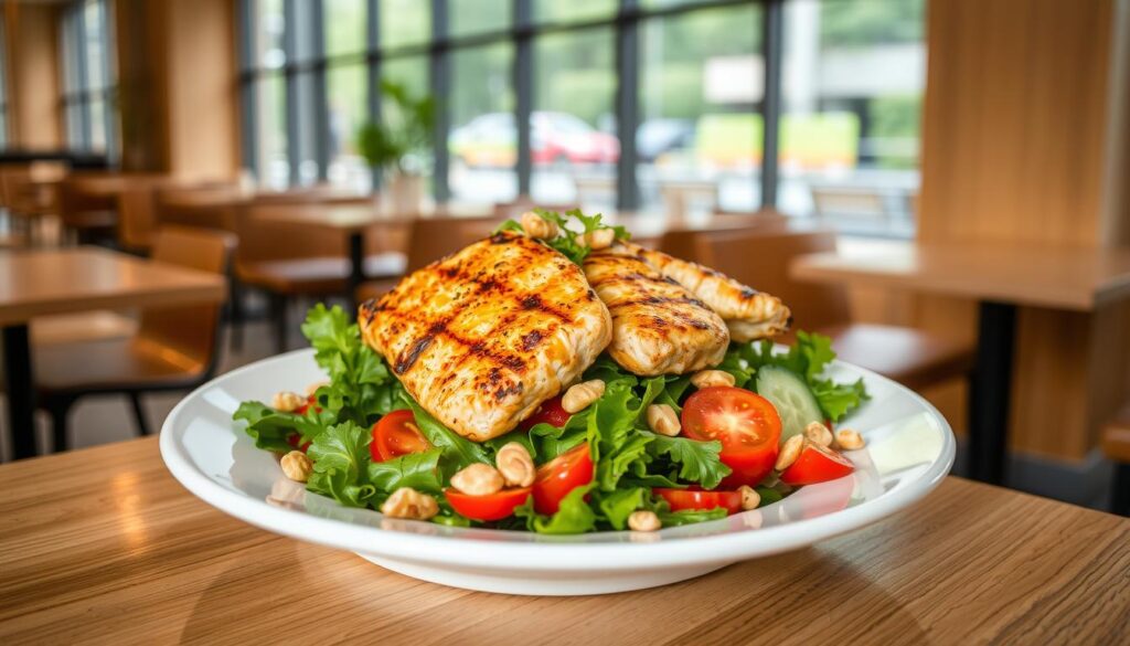 A freshly prepared chicken thigh salad sits atop a white ceramic plate, its vibrant colors and delicate arrangement inviting the viewer to savor its healthful goodness. The tender chicken thighs, grilled to perfection, are artfully arranged atop a bed of crisp mixed greens, accompanied by colorful slices of cherry tomatoes, cucumbers, and a scattering of toasted pine nuts. A light, zesty vinaigrette dresses the salad, its glistening droplets catching the soft, natural light filtering in through large windows. The setting is a cozy, modern café in the heart of Tanjong Pagar, its minimalist decor and welcoming ambiance creating a peaceful, nourishing atmosphere for this delightful and nutritious midday meal.
