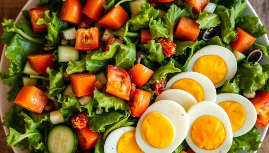 A freshly prepared salad, with generous portions of leafy greens, vibrant vegetables, and an inviting array of toppings. The camera captures the scene from an overhead angle, showcasing the salad's abundant, artfully arranged composition. Crisp, evenly sliced cucumbers, juicy tomatoes, and crunchy bell peppers create a visually striking contrast against the lush, verdant base. Soft-boiled eggs, sprinkled with a hint of seasoning, add a creamy, protein-rich element. The lighting is natural and soft, casting a warm, appetizing glow over the scene. The mood is one of abundance, freshness, and a commitment to providing a satisfying, nourishing dining experience.
