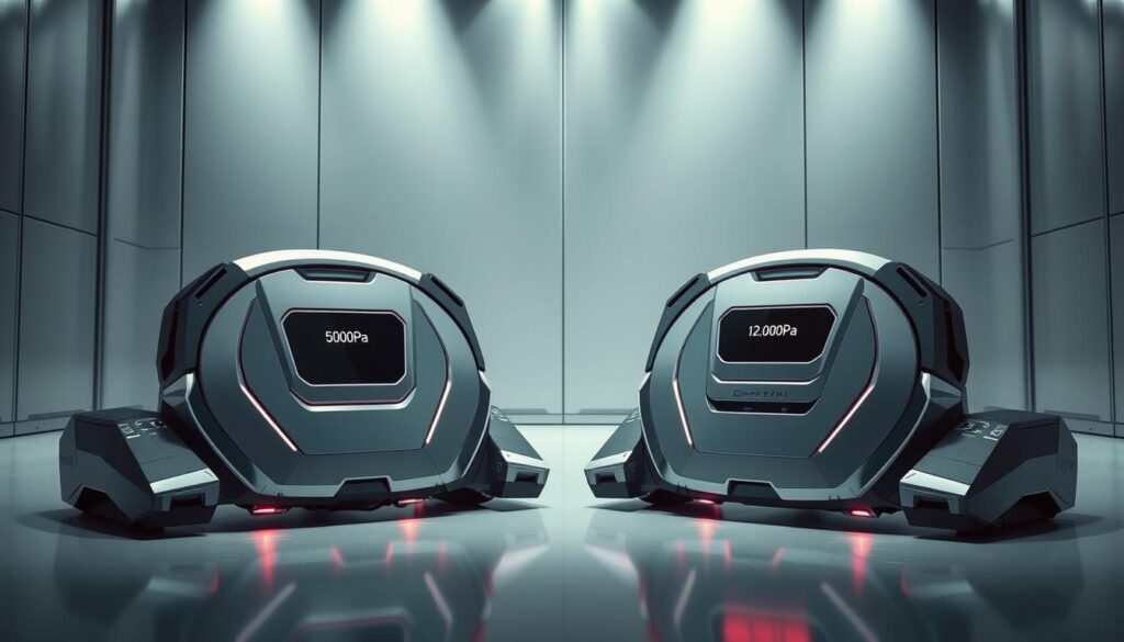 A futuristic, high-tech showdown between two powerful robot vacuum cleaners, showcasing their impressive suction capabilities. In the foreground, two sleek, gleaming machines stand side by side, their angular designs and vibrant colors commanding attention. One displays a prominent "5000Pa" label, the other a "20,000Pa" indicator, hinting at their distinct suction power. The background features a minimalist, metallic environment, with clean lines and a sense of advanced technology. Dramatic lighting casts dramatic shadows, creating a sense of tension and anticipation, as if the two vacuums are poised for an epic performance. The overall composition and mood evoke a feeling of technological prowess and the relentless pursuit of cleaning efficiency.
