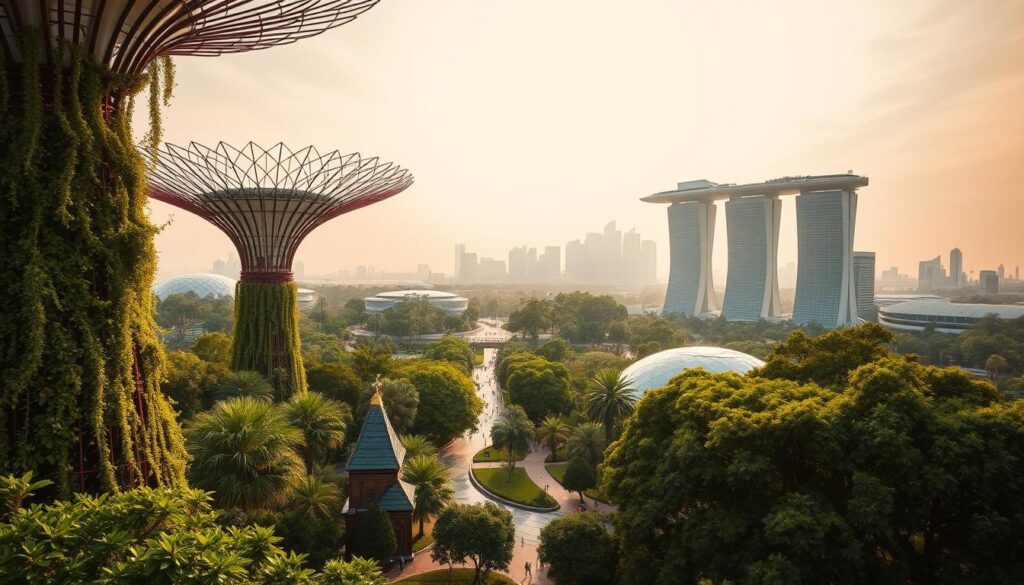 A futuristic oasis in Singapore's urban landscape, the Gardens by the Bay rise like gleaming crystal domes amidst lush, verdant foliage. In the foreground, towering Supertree structures adorned with cascading greenery cast dramatic shadows across the serene pathways below. The middle ground reveals a sprawling botanical paradise, with exotic flora and fauna thriving in climate-controlled biomes. Warm, diffused lighting bathes the scene in a dreamlike glow, while the background showcases the city's iconic skyline, creating a harmonious blend of nature and modernity. This captivating, sci-fi-inspired nature escape invites visitors to immerse themselves in a world of wonder and tranquility.