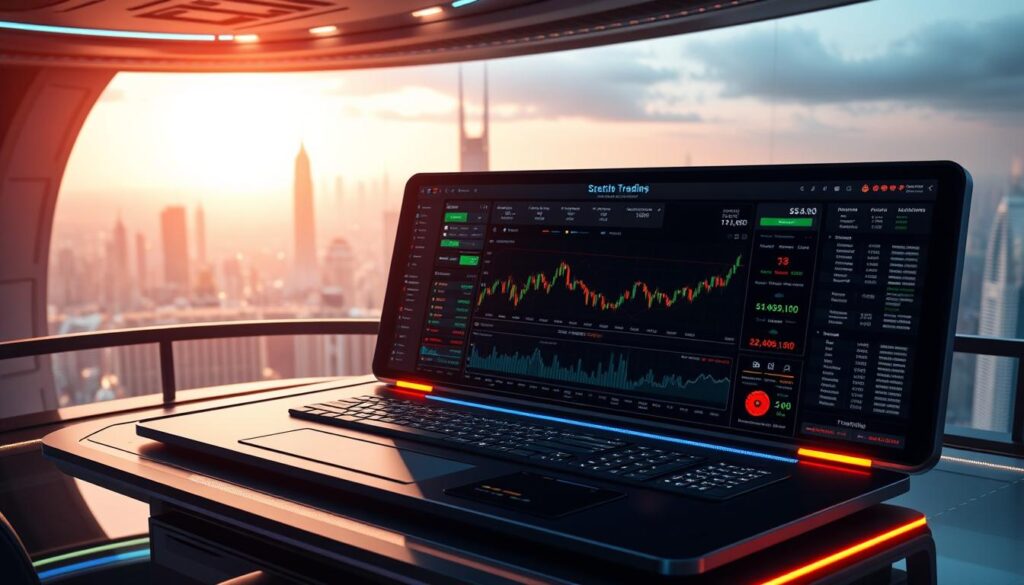 A futuristic trading platform with specialized features, illuminated by a warm, ambient lighting. In the foreground, a sleek user interface with interactive charts, financial data visualizations, and customizable dashboard layouts. In the middle ground, a central trading console with advanced order execution tools, real-time market insights, and portfolio management capabilities. In the background, a panoramic view of a bustling financial district, conveying a sense of technological innovation and global connectivity. The overall atmosphere is one of efficiency, precision, and the cutting edge of modern finance.