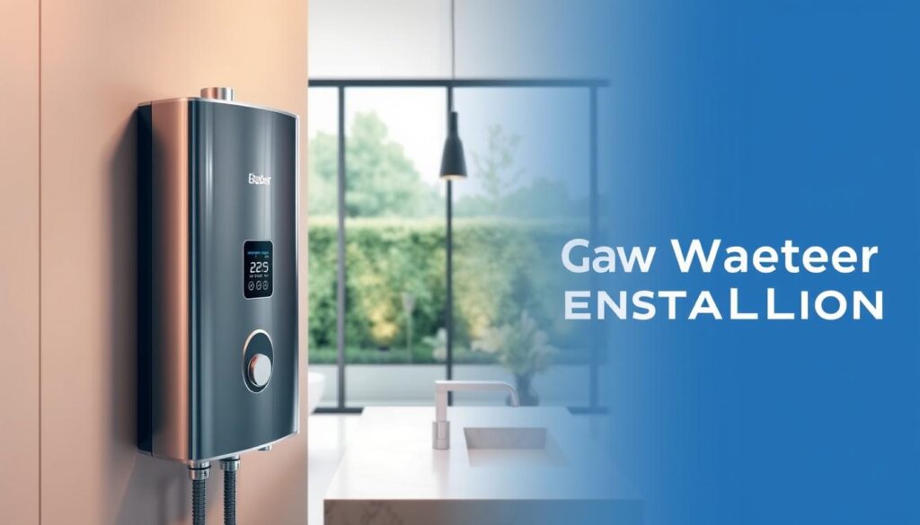 A gas water heater installation in a modern bathroom, with warm lighting and a clean, minimalist aesthetic. In the foreground, a sleek, stainless steel gas water heater is mounted on the wall, its digital display showing the current temperature. The middle ground features a marble-topped vanity with a modern sink and faucet, while the background showcases large, floor-to-ceiling windows overlooking a serene garden. The overall atmosphere is one of efficiency, comfort, and tranquility, capturing the essence of a fast and reliable gas water heater installation.