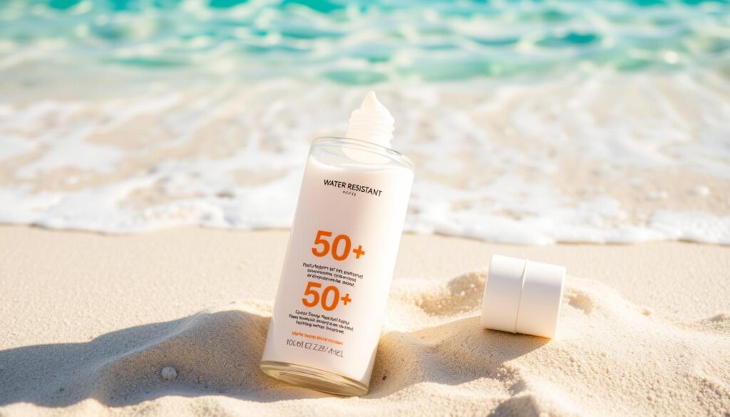 A glass bottle filled with a thick, creamy white sunscreen formula rests on a sandy beach, with crystal-clear turquoise water lapping at the shore in the background. The sunlight casts a warm, golden glow, highlighting the bottle's sleek, water-resistant design. The packaging prominently displays the product's key features, such as "Water-Resistant" and "SPF 50+," conveying its effectiveness in protecting skin from the sun's harmful rays, even in wet conditions. The scene evokes a sense of relaxation and summer adventure, perfectly capturing the essence of the "Water-Resistant Sunscreens" section in the article.