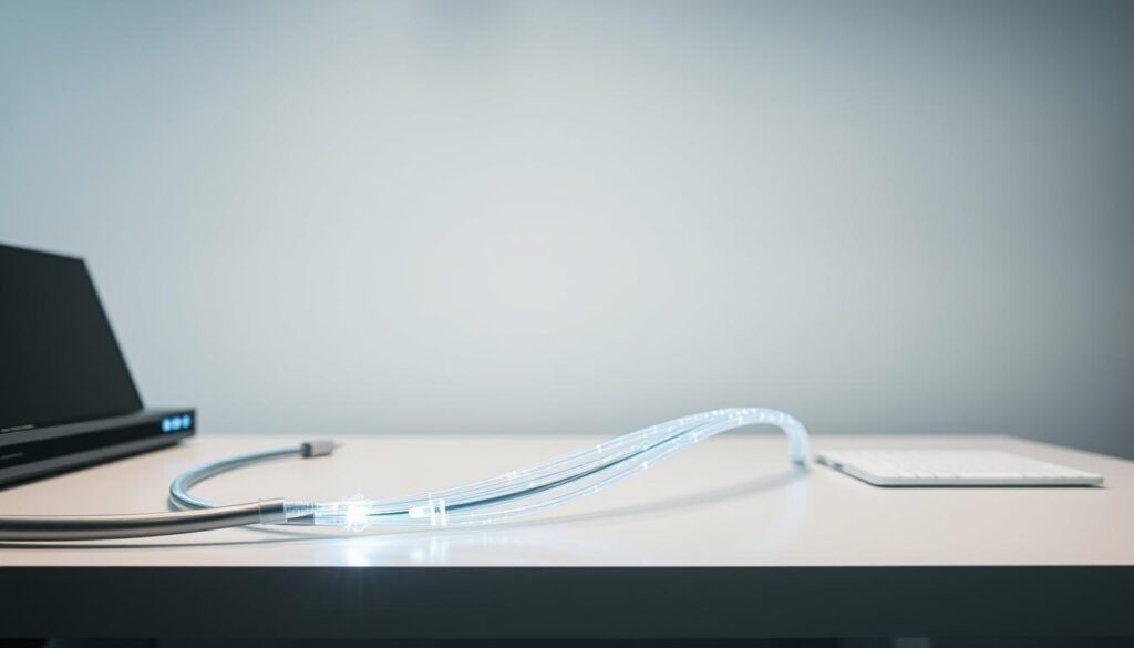 A gleaming fiber optic cable snakes across a sleek, minimalist workspace, its luminous strands pulsing with the energy of a lightning-fast 10Gbps internet connection. Crisp, even lighting bathes the scene, highlighting the cable's smooth, metallic surface and the modern, streamlined peripherals surrounding it. In the background, a simple, uncluttered wall provides a clean, professional backdrop, allowing the high-speed fiber to take center stage as the star of this high-tech setup. The overall atmosphere conveys a sense of efficiency, power, and the cutting edge of digital connectivity.