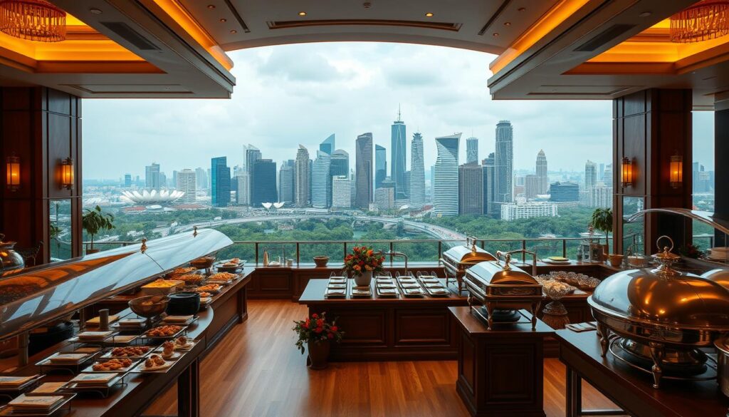 A grand colonial-inspired buffet spread set against the backdrop of a bustling Singapore cityscape. The foreground showcases an array of live cooking stations, with chefs skillfully preparing local delicacies and international favorites. The middle ground features an elegant, wooden-clad buffet line, adorned with ornate silver trays and gleaming chafing dishes. In the background, a panoramic view of the city skyline, with towering skyscrapers and lush greenery, creates a captivating contrast. Warm, golden lighting casts a cozy, inviting glow, while the angle captures the scene from a slightly elevated perspective, giving a sense of grandeur and sophistication. The overall atmosphere evokes a harmonious blend of colonial charm and modern Singapore vibrancy.