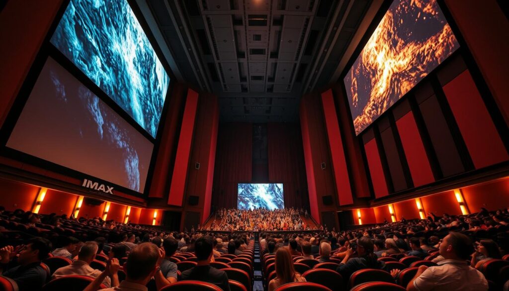 A grand, immersive IMAX cinema experience with towering screens and enveloping sound. In the foreground, the interiors of two IMAX theaters side-by-side, showcasing their distinct architectural styles and seating arrangements. In the middle ground, patrons eagerly awaiting the next blockbuster, their expressions filled with anticipation. The background bathed in a warm, cinematic lighting that casts a inviting glow, drawing the viewer into the captivating world of IMAX. Angles emphasize the scale and grandeur of these impressive movie-watching venues, highlighting why they are considered among the top IMAX cinemas in Singapore.