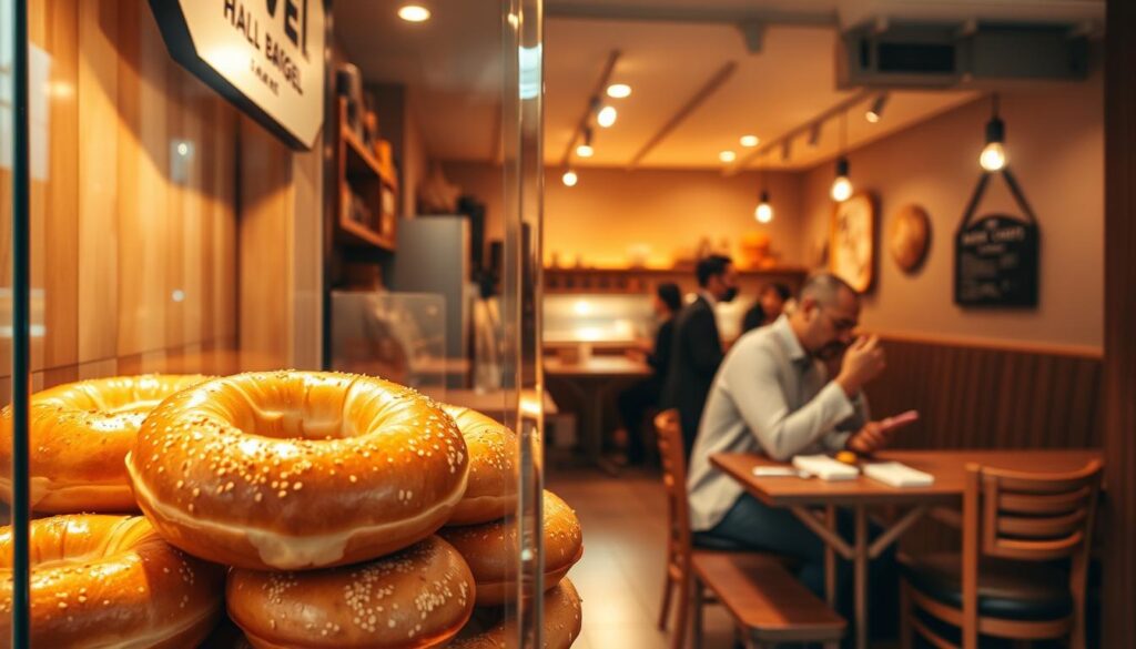 A halal-certified bagel shop in the heart of Singapore, its storefront bathed in warm, natural light. The bagels, freshly baked and glistening, are prominently displayed in the window, their golden-brown crusts and fluffy interiors inviting passersby to step inside. The interior is cozy and welcoming, with wooden furniture and a calming color palette of earthy tones. In the background, a diverse clientele enjoys their halal-friendly bagel creations, creating a sense of inclusivity and community. The overall atmosphere is one of quality, care, and a celebration of Singapore's multicultural spirit.