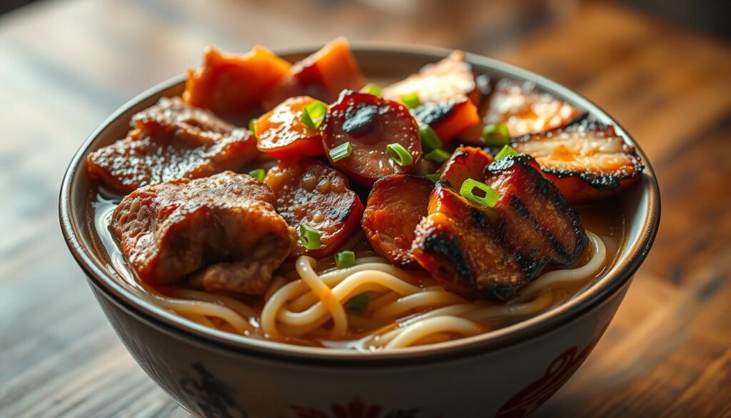 A hearty bowl of freshly cooked udon noodles, nestled in a rich, savory broth. Atop the noodles, an array of succulent meat toppings - tender slices of beef, juicy pork belly, and savory grilled chicken. The meats glisten under the warm, soft lighting, infusing the dish with a mouthwatering aroma. The noodles are perfectly al dente, providing a satisfying texture contrast to the tender, flavorful proteins. A sprinkling of scallions and a drizzle of aromatic oils complete this indulgent, umami-packed scene, drawing the eye to the center of the frame. The overall composition evokes a sense of comfort and culinary delight, perfectly capturing the essence of a meat lover's udon paradise.