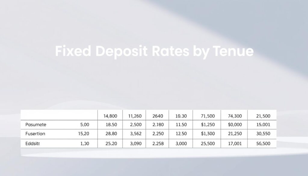 A high-contrast, minimalist illustration showcasing fixed deposit rates by tenure. A clean, modern table in the foreground, with crisp typography and precise numerical data. The background is a sleek, gradient-based design, conveying a sense of financial stability and reliability. Soft lighting from the left casts subtle shadows, adding depth and dimension. The overall composition is balanced, with a touch of elegant simplicity that complements the informational content.
