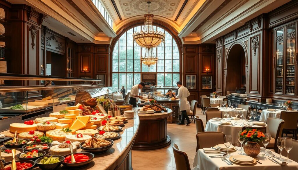 A high-end Italian buffet in a sophisticated Singapore setting, with a prominent cheese room as the centerpiece. Sunlight streams through large windows, illuminating the abundant selection of artisanal cheeses, meats, and freshly baked breads. In the foreground, a display of vibrant salads and antipasti beckons. Chefs in crisp white uniforms work diligently behind gleaming stainless steel counters, preparing fresh pasta and sizzling entrees. The middle ground features elegantly set tables, adorned with fine linens and delicate glassware. In the background, a warm, inviting ambiance is created by soft lighting, rich wood tones, and ornate architectural details. The overall atmosphere exudes an air of refined indulgence, perfectly capturing the essence of Italian culinary excellence in a Singaporean setting.