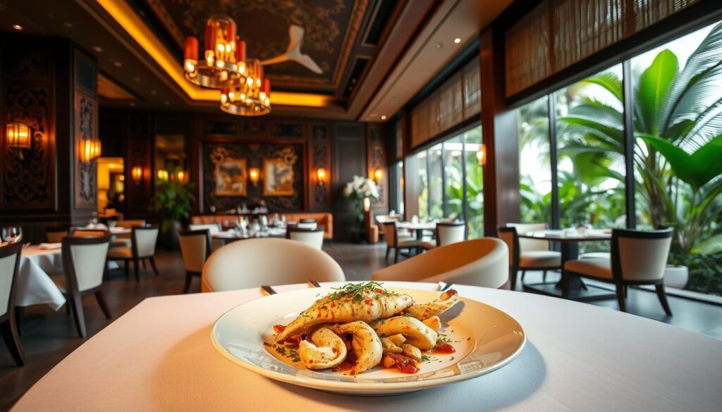 A high-end restaurant interior with elegant French and Malay design elements. Warm lighting bathes the space, creating a cozy, inviting atmosphere. In the foreground, a beautifully plated seafood dish is placed on a white tablecloth, garnished with fresh herbs and spices. The middle ground features intricate Malay woodcarvings and textiles, complemented by sleek, modern French furnishings. The background showcases large windows overlooking a lush tropical garden, blending the indoor and outdoor spaces seamlessly. An air of refined fusion cuisine and cultural harmony permeates the scene.