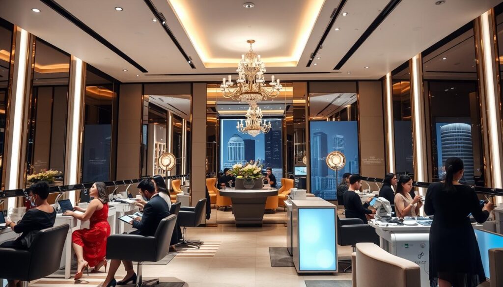 A high-end salon with a sleek, modern interior featuring elegant lighting fixtures and minimalist decor. The foreground showcases stylishly dressed clients receiving lash treatments from attentive technicians. The middle ground highlights the salon's luxurious ambiance, with plush seating areas and a calming, spa-like atmosphere. The background subtly suggests the salon's central location within a bustling Singapore cityscape, conveying a sense of sophistication and exclusivity. The overall mood is one of refined elegance, showcasing the top-tier eyelash extension services offered by this premier establishment.