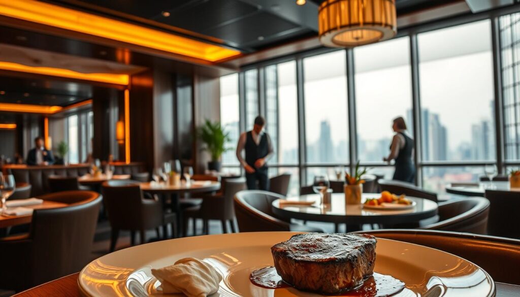 A high-end steak restaurant in Singapore, with a sophisticated and elegant interior design. Warm, ambient lighting creates a cozy atmosphere, accentuating the rich, mahogany-toned furniture and dark leather upholstery. In the foreground, a juicy, perfectly-seared steak is presented on a white porcelain plate, accompanied by a selection of fresh, seasonal side dishes. The middle ground features attentive wait staff in crisp, tailored uniforms, moving gracefully between tables. In the background, a panoramic view of the Singapore skyline can be seen through large, floor-to-ceiling windows, creating a sense of refined, urban luxury.
